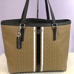 GUESS Logo Monogram Tote – Brown/Black Stripe, Large Shoulder Bag